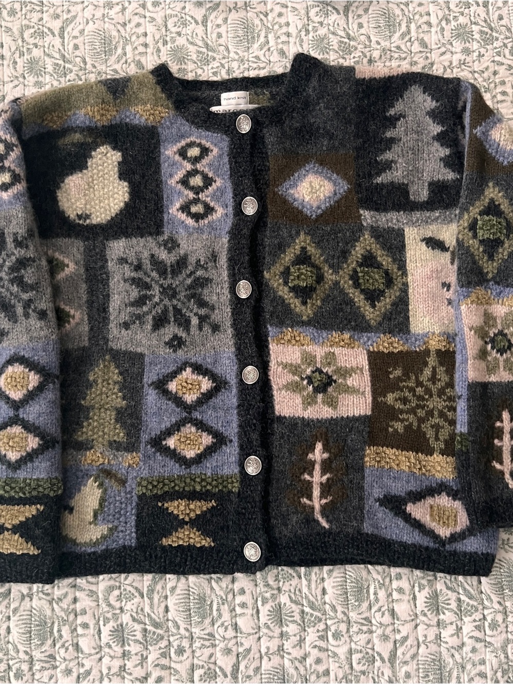 Vintage Marconi Chunky Hand Knit Wool Blend Patchwork Winter Cardigan Size S